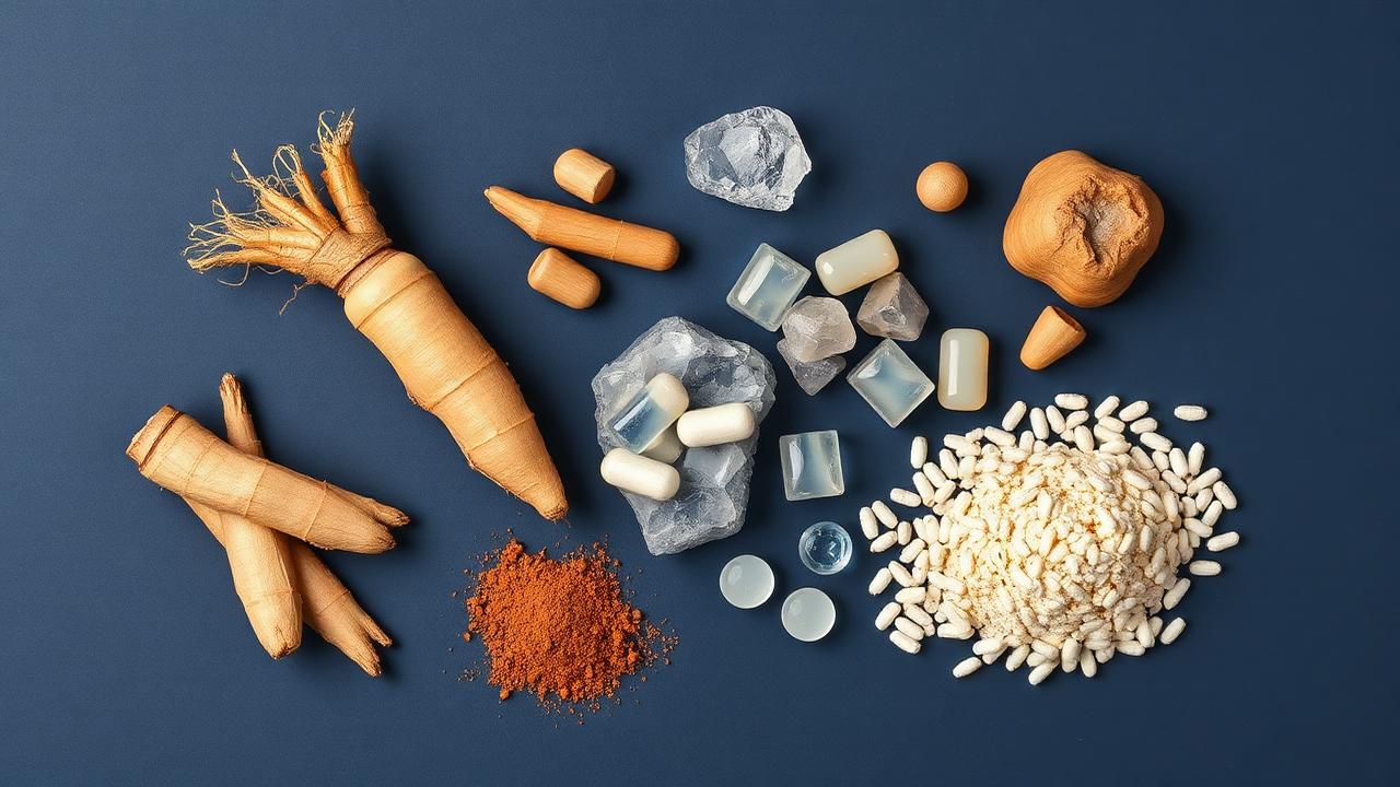 V-Rex style ingredient panel: ginseng root, maca, zinc, tribulus and capsules on a navy surface