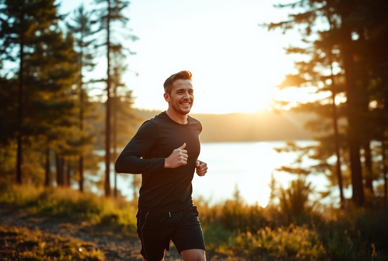 Man in his forties running by a Swedish lake at sunrise, representing restored daily energy